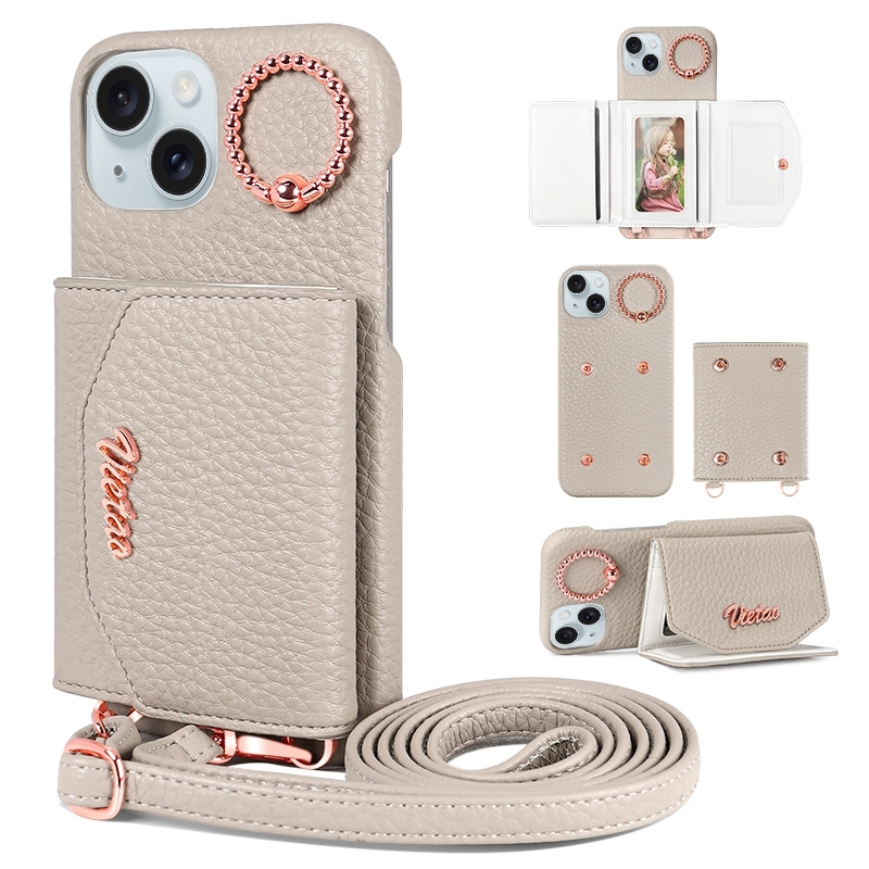 For iPhone 15 VIETAO Ring Holder Card Bag Phone Case with Lanyard(Grey) - Shopkiz.com