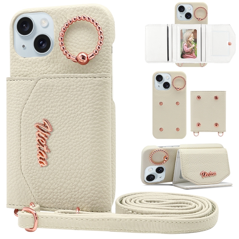 For iPhone 15 VIETAO Ring Holder Card Bag Phone Case with Lanyard(White) - Shopkiz.com