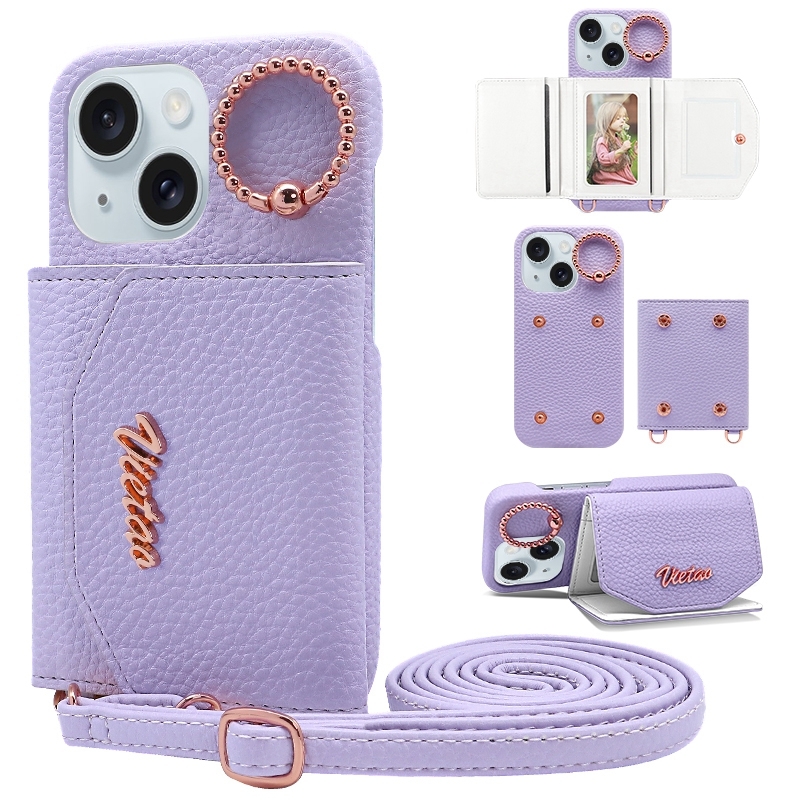 For iPhone 14 VIETAO Ring Holder Card Bag Phone Case with Lanyard(Purple) - Shopkiz.com