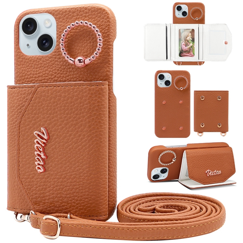 For iPhone 14 VIETAO Ring Holder Card Bag Phone Case with Lanyard(Brown) - Shopkiz.com