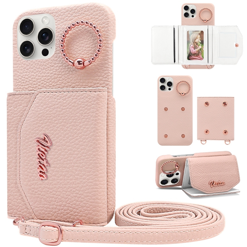 For iPhone 14 Pro VIETAO Ring Holder Card Bag Phone Case with Lanyard(Pink) - Shopkiz.com