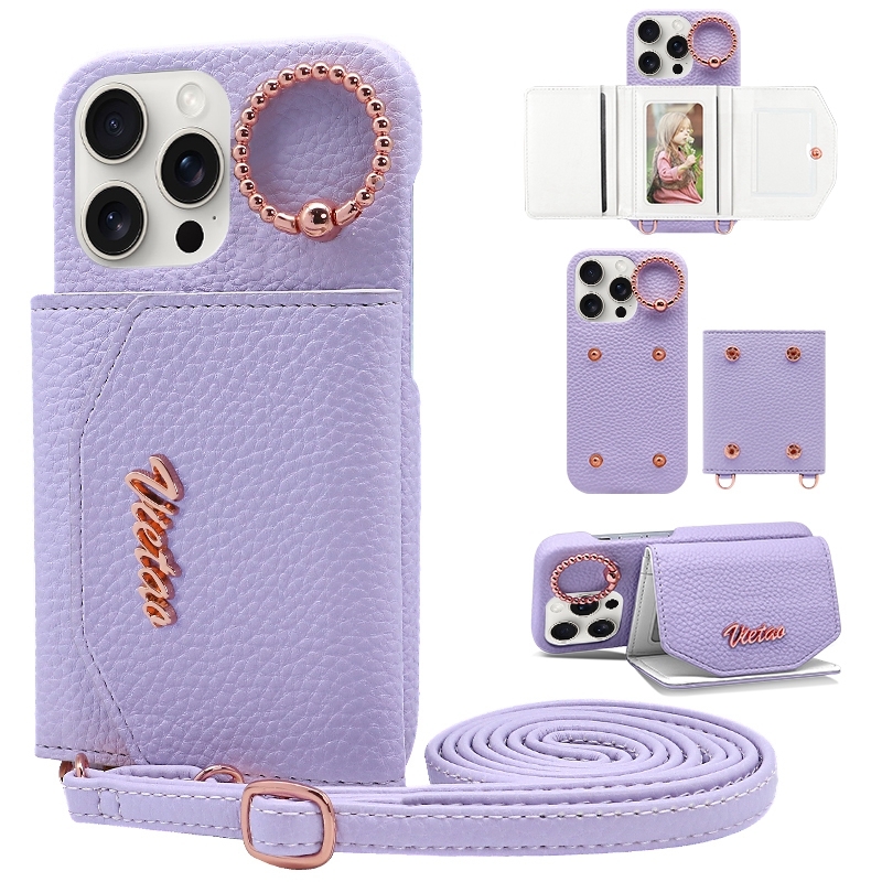 For iPhone 14 Pro Max VIETAO Ring Holder Card Bag Phone Case with Lanyard(Purple) - Shopkiz.com