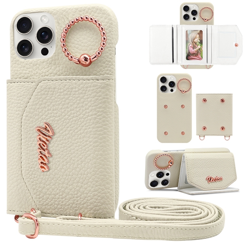 For iPhone 14 Pro Max VIETAO Ring Holder Card Bag Phone Case with Lanyard(White) - Shopkiz.com
