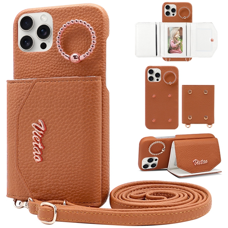For iPhone 13 Pro Max VIETAO Ring Holder Card Bag Phone Case with Lanyard(Brown) - Shopkiz.com