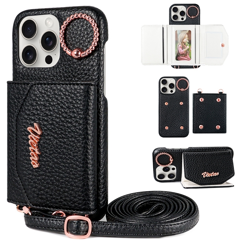 For iPhone 13 Pro VIETAO Ring Holder Card Bag Phone Case with Lanyard(Black) - Shopkiz.com
