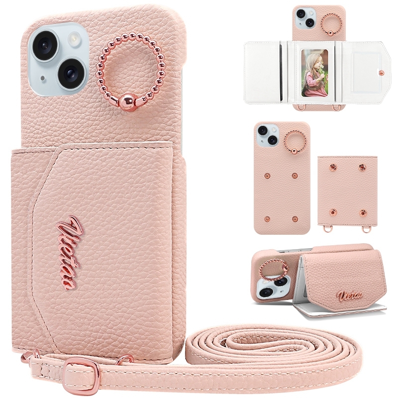 For iPhone 13 VIETAO Ring Holder Card Bag Phone Case with Lanyard(Pink) - Shopkiz.com