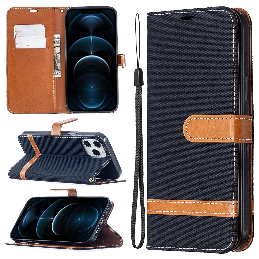 For iPhone 12 Pro Max Color Matching Denim Texture Horizontal Flip Leather Case with Holder & Card Slots & Wallet & Lanyard(Black) - Shopkiz.com
