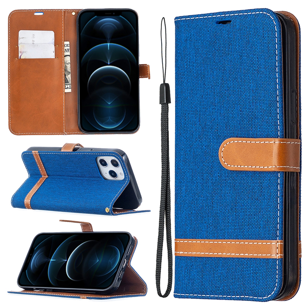 For iPhone 12 Pro Max Color Matching Denim Texture Horizontal Flip Leather Case with Holder & Card Slots & Wallet & Lanyard(Royal Blue) - Shopkiz.com