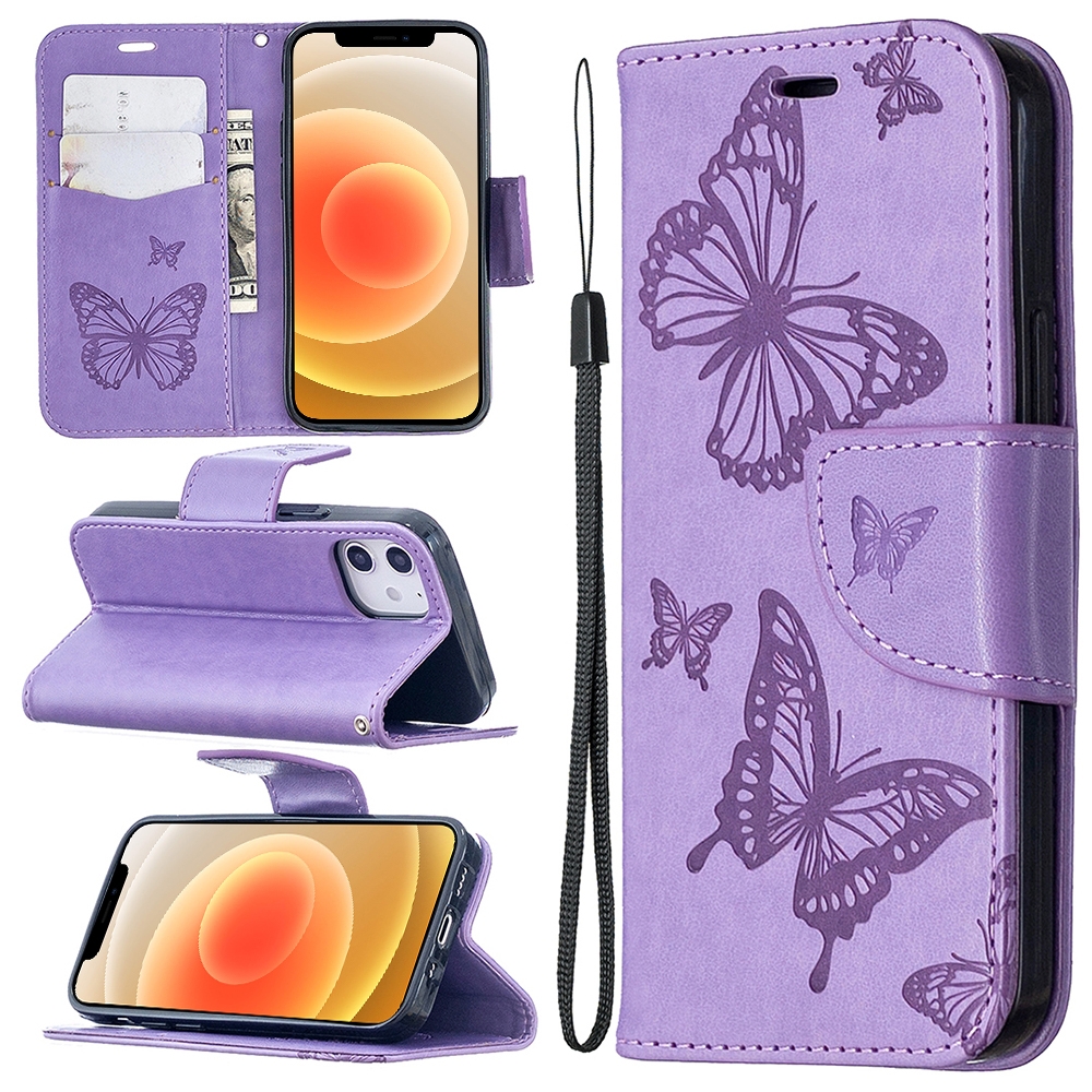For iPhone 12 mini Embossing Two Butterflies Pattern Horizontal Flip PU Leather Case with Holder & Card Slot & Wallet & Lanyard(Purple) - Shopkiz.com