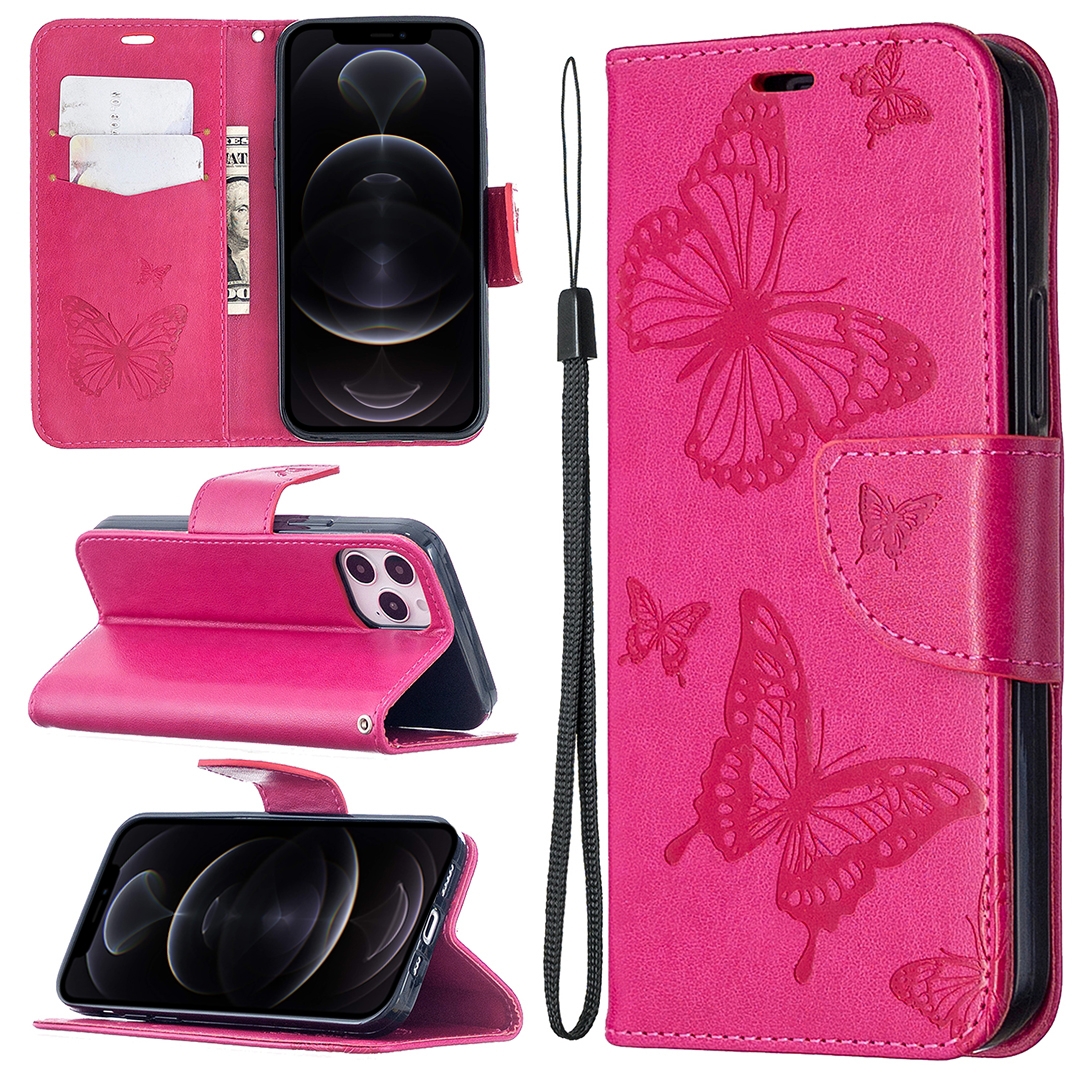 For iPhone 12 / 12 Pro Embossing Two Butterflies Pattern Horizontal Flip PU Leather Case with Holder & Card Slot & Wallet & Lanyard(Rose Red) -