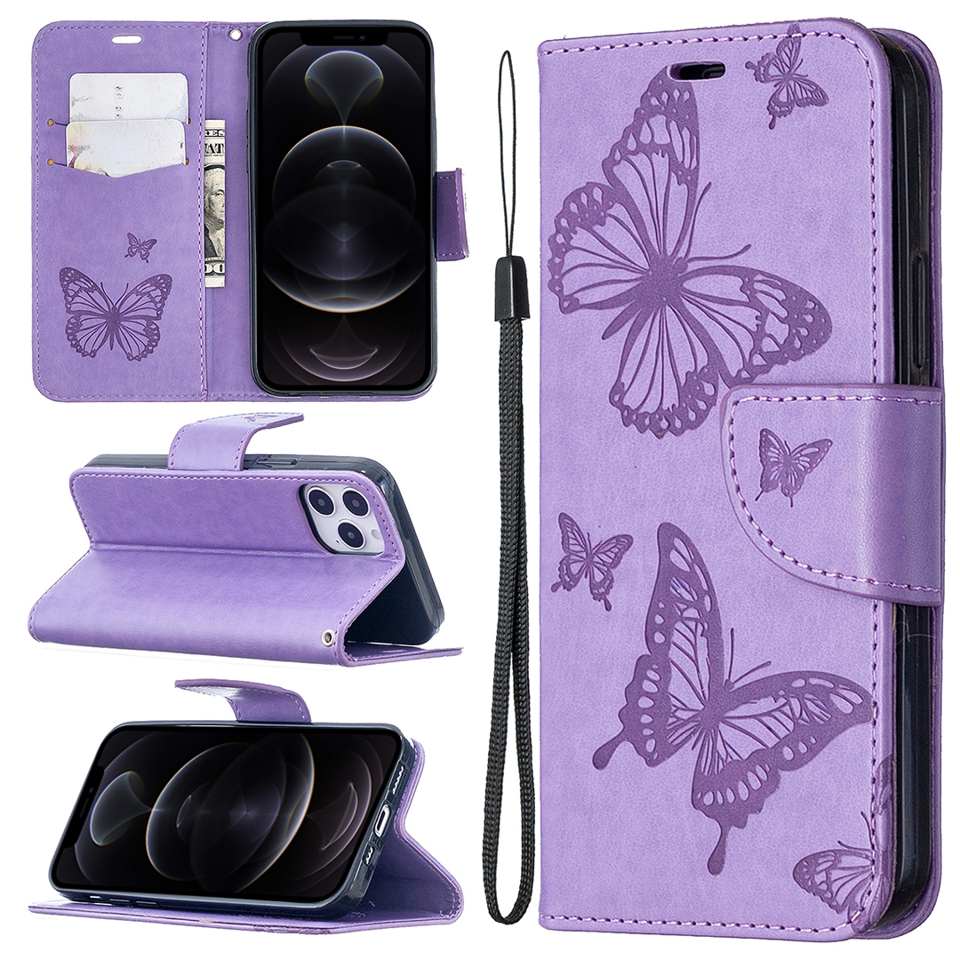 For iPhone 12 / 12 Pro Embossing Two Butterflies Pattern Horizontal Flip PU Leather Case with Holder & Card Slot & Wallet & Lanyard(Purple) -