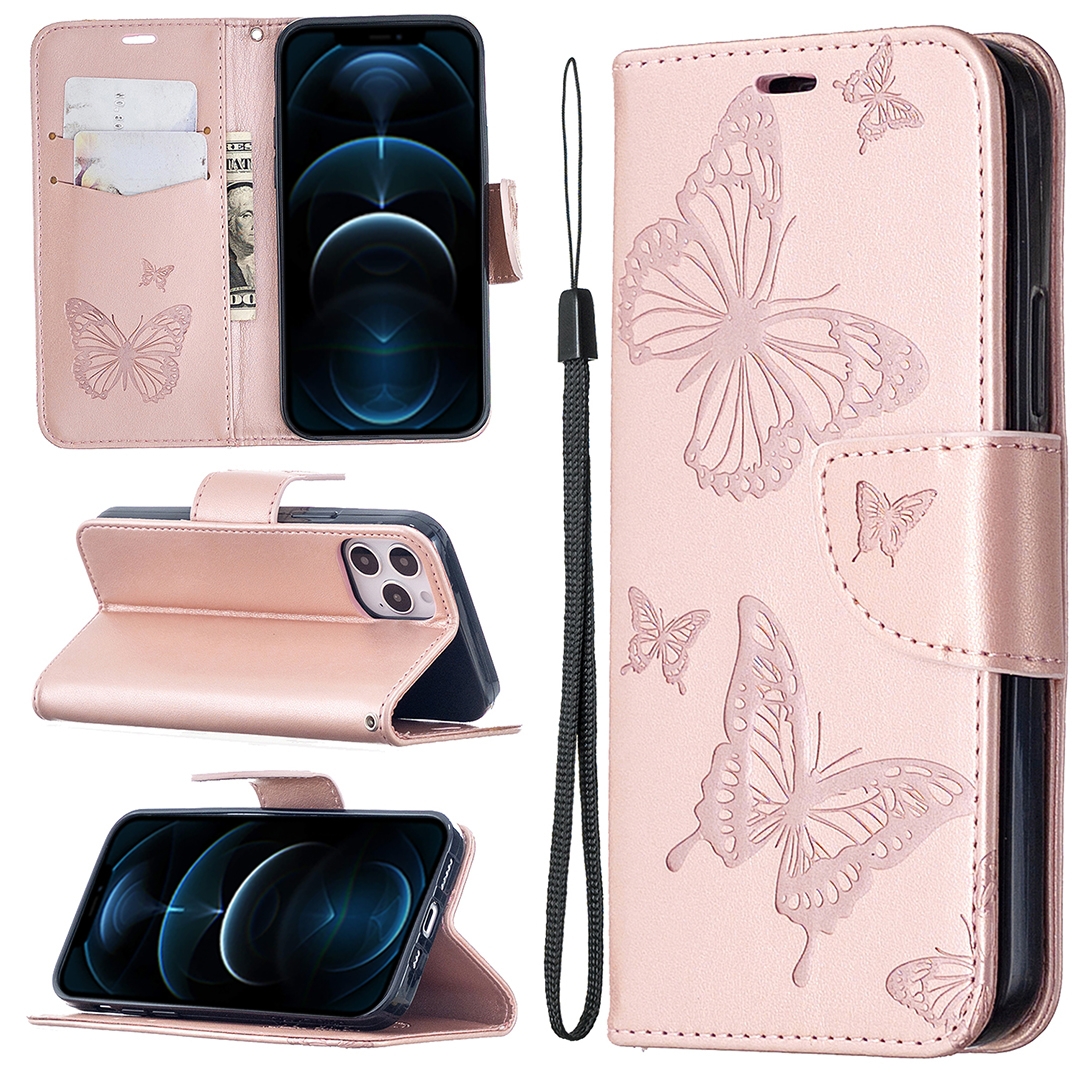 For iPhone 12 Pro Max Embossing Two Butterflies Pattern Horizontal Flip PU Leather Case with Holder & Card Slot & Wallet & Lanyard(Rose Gold) -