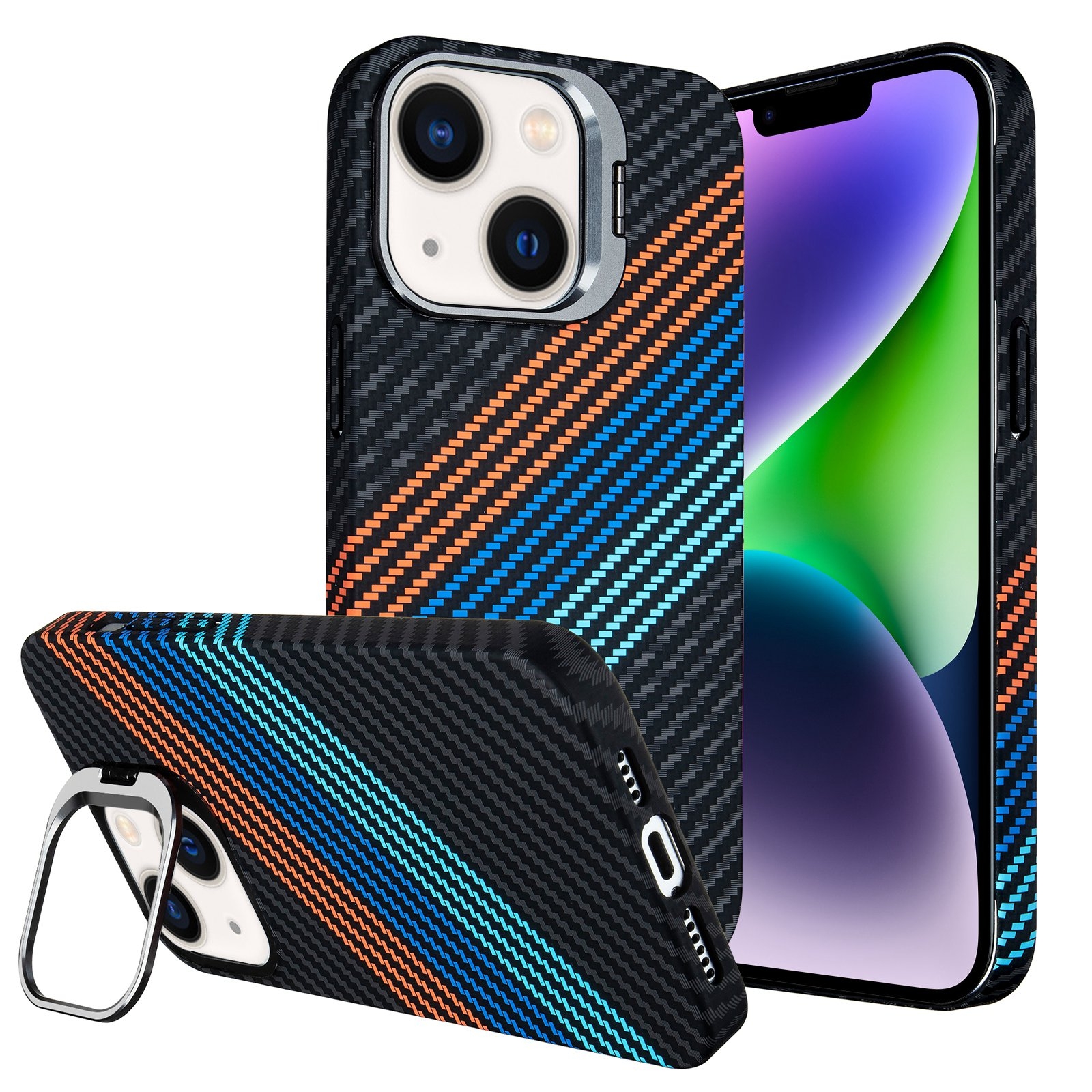 For iPhone 14 Plus Carbon Fiber Lens Holder Phone Case(Black) - Shopkiz.com