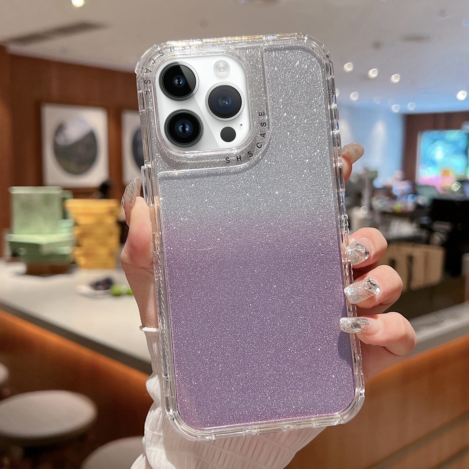 For iPhone 12 Pro Max TPU + PC + Glitter Paper Full Coverage Phone Case(Purple) - Shopkiz.com