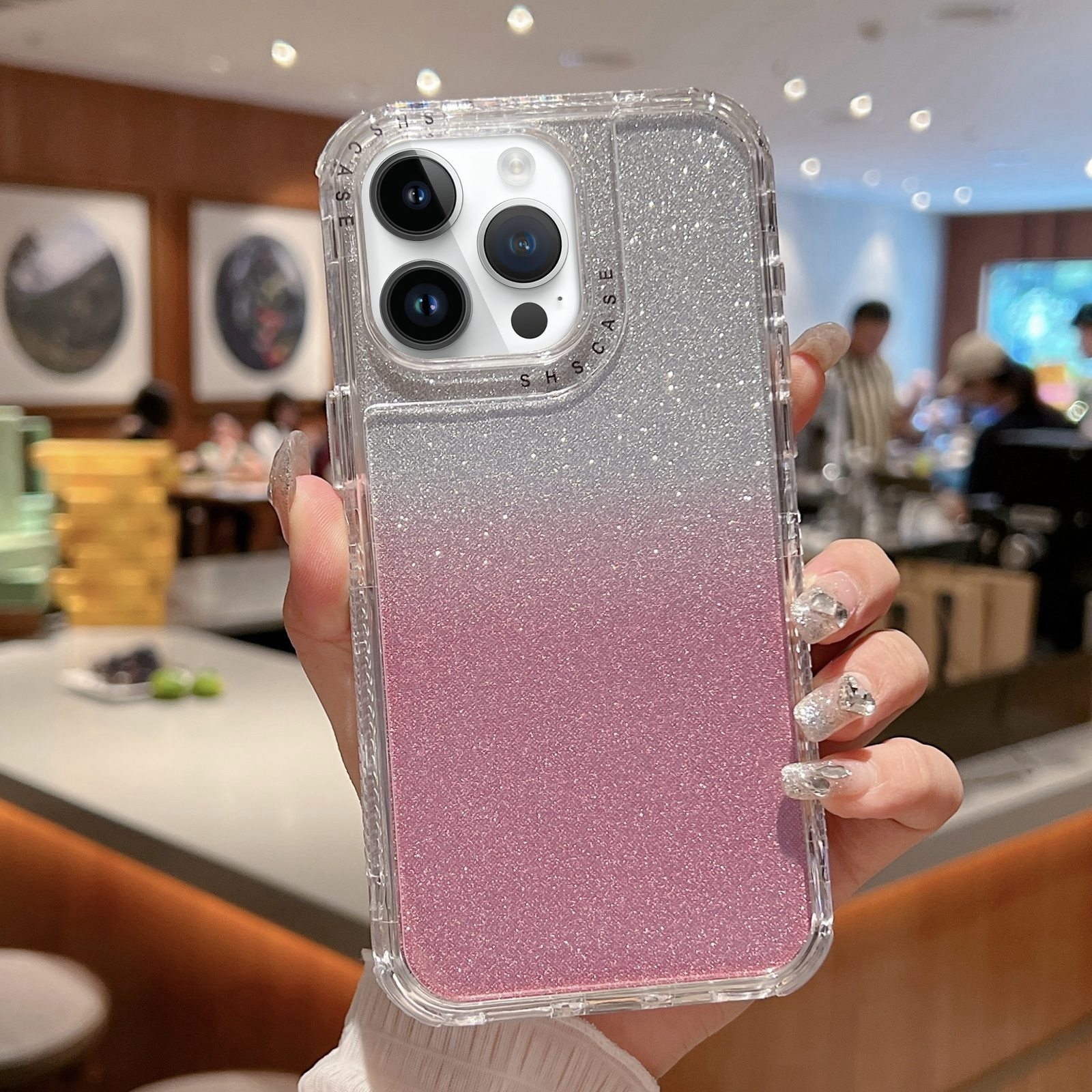 For iPhone 12 Pro Max TPU + PC + Glitter Paper Full Coverage Phone Case(Pink) - Shopkiz.com