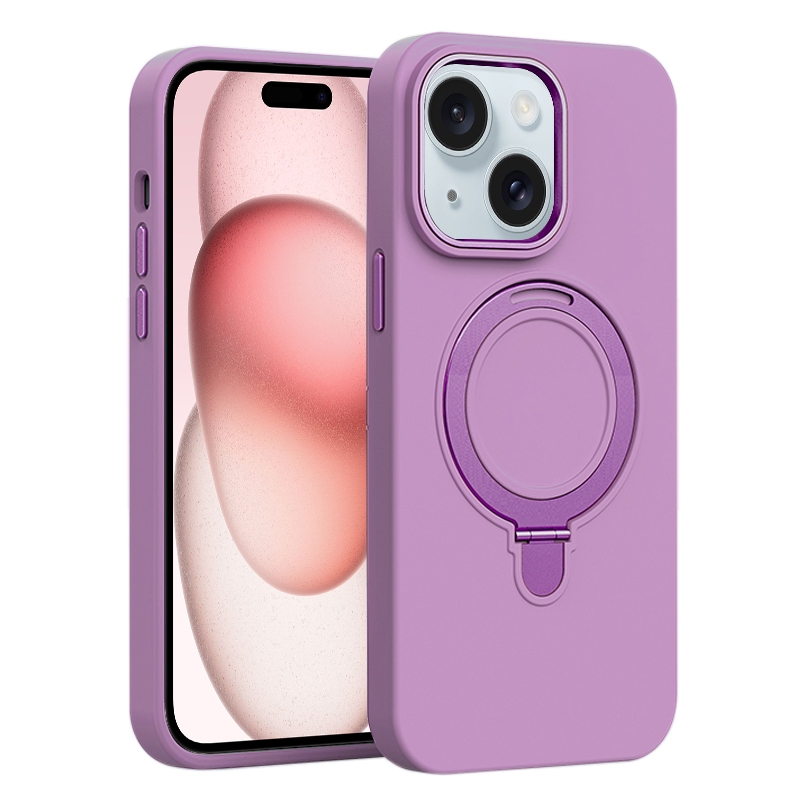 For iPhone 15 Liquid Silicone MagSafe Metal Ring Holder Phone Case(Purple) - Shopkiz.com
