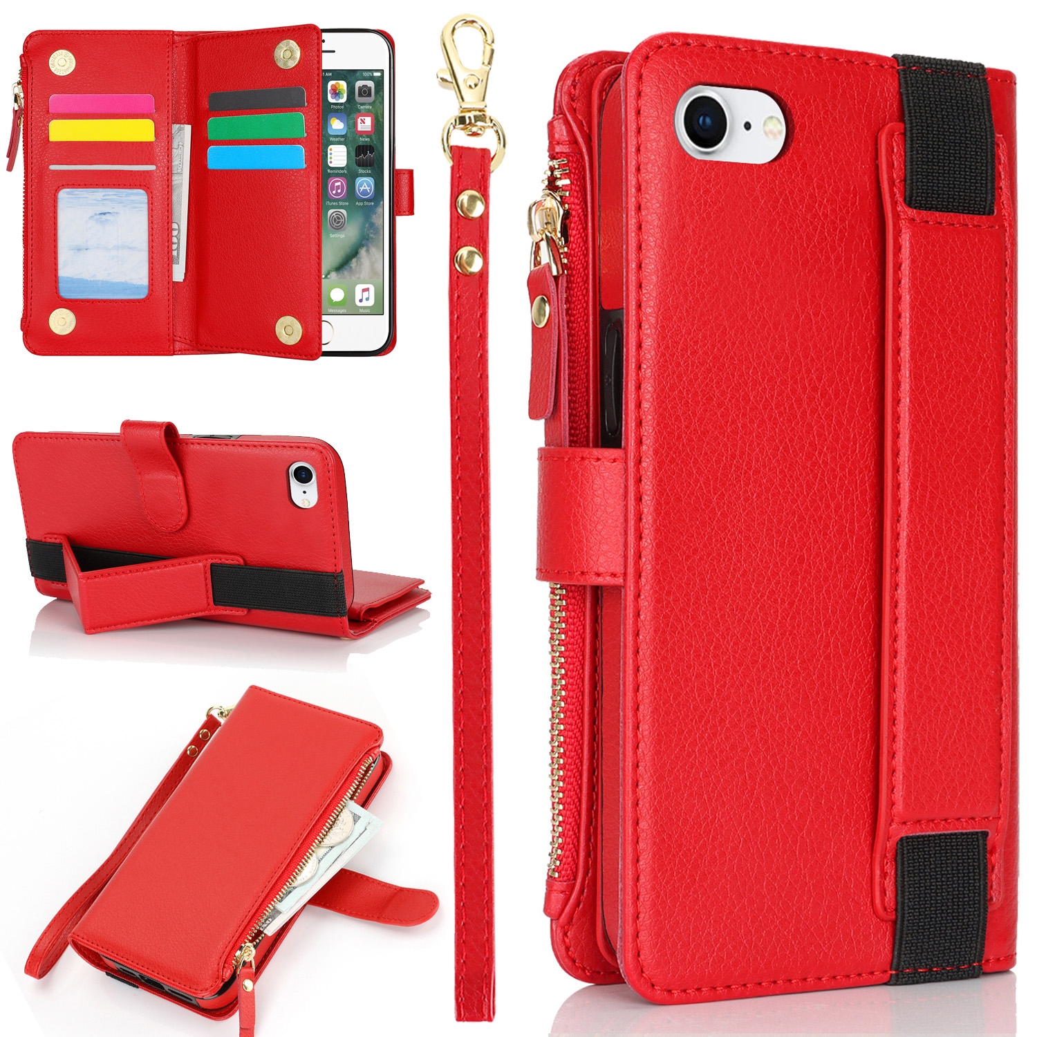 For iPhone SE 2022 / SE 2020 Wristband Holder Zipper Purse RFID Leather Phone Case(Red) - Shopkiz.com