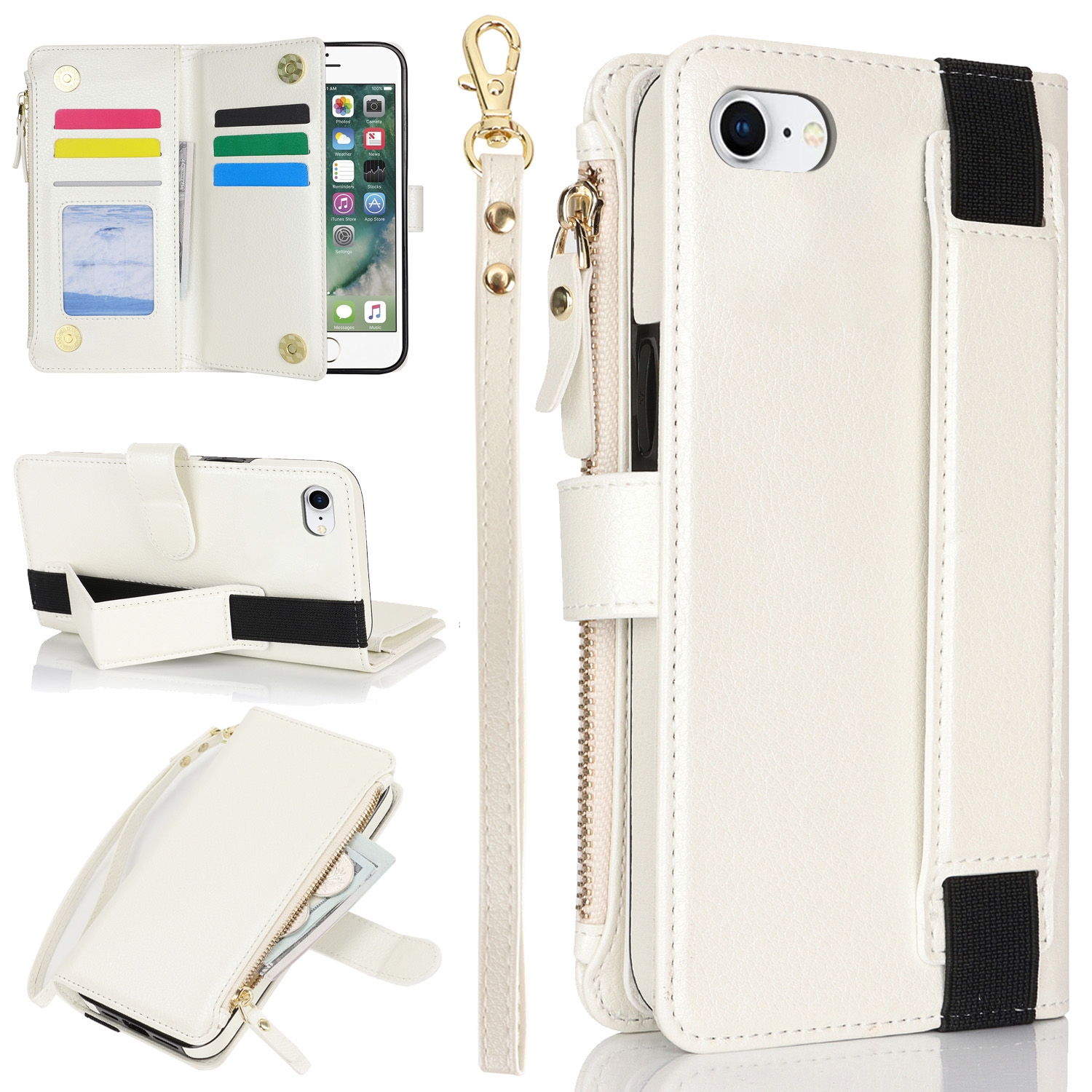 For iPhone SE 2022 / SE 2020 Wristband Holder Zipper Purse RFID Leather Phone Case(White) - Shopkiz.com