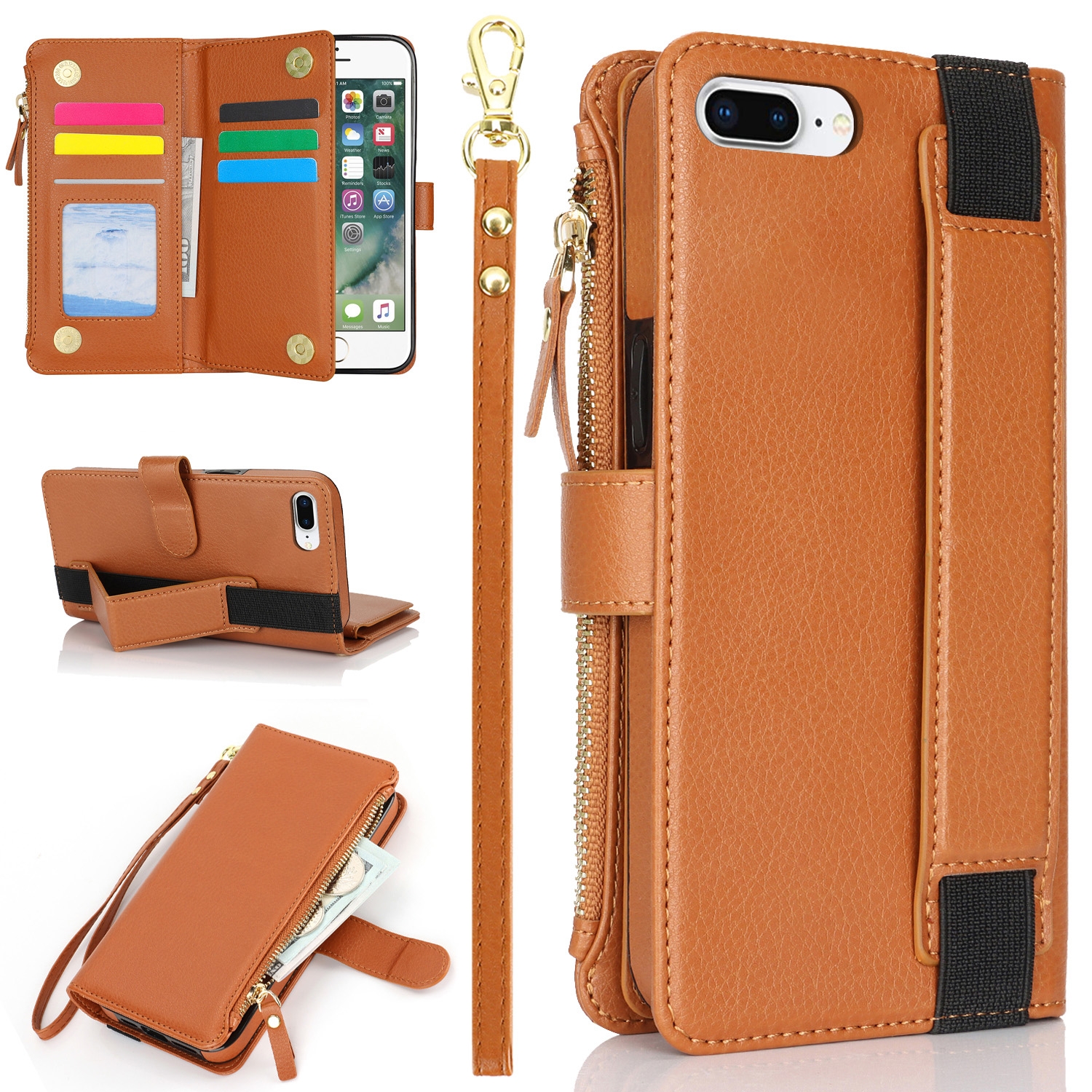 For iPhone 8 Plus / 7 Plus Wristband Holder Zipper Purse RFID Leather Phone Case(Brown) - Shopkiz.com