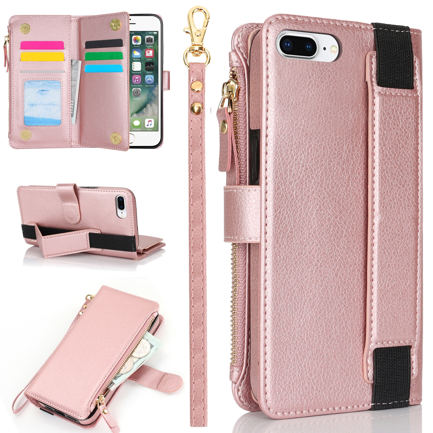 For iPhone 8 Plus / 7 Plus Wristband Holder Zipper Purse RFID Leather Phone Case(Rose Gold) - Shopkiz.com