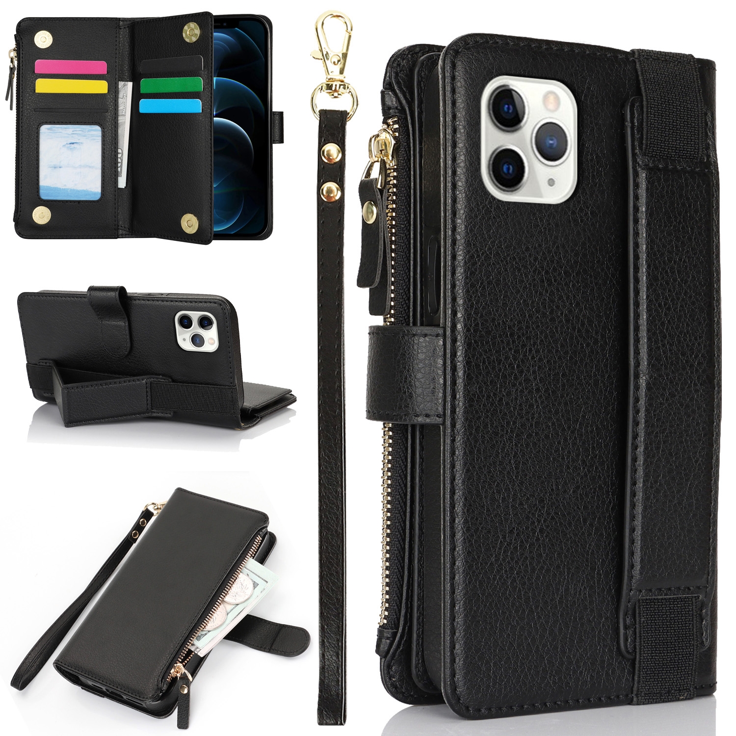 For iPhone 11 Pro Wristband Holder Zipper Purse RFID Leather Phone Case(Black) - Shopkiz.com