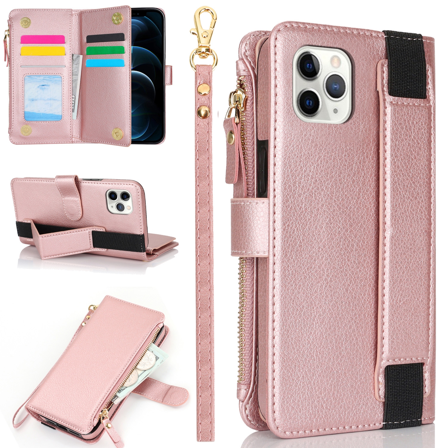 For iPhone 11 Pro Wristband Holder Zipper Purse RFID Leather Phone Case(Rose Gold) - Shopkiz.com