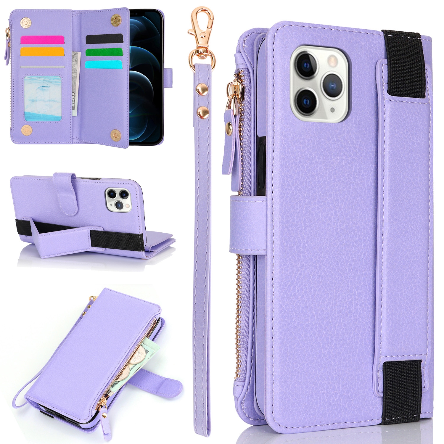For iPhone 11 Pro Wristband Holder Zipper Purse RFID Leather Phone Case(Purple) - Shopkiz.com