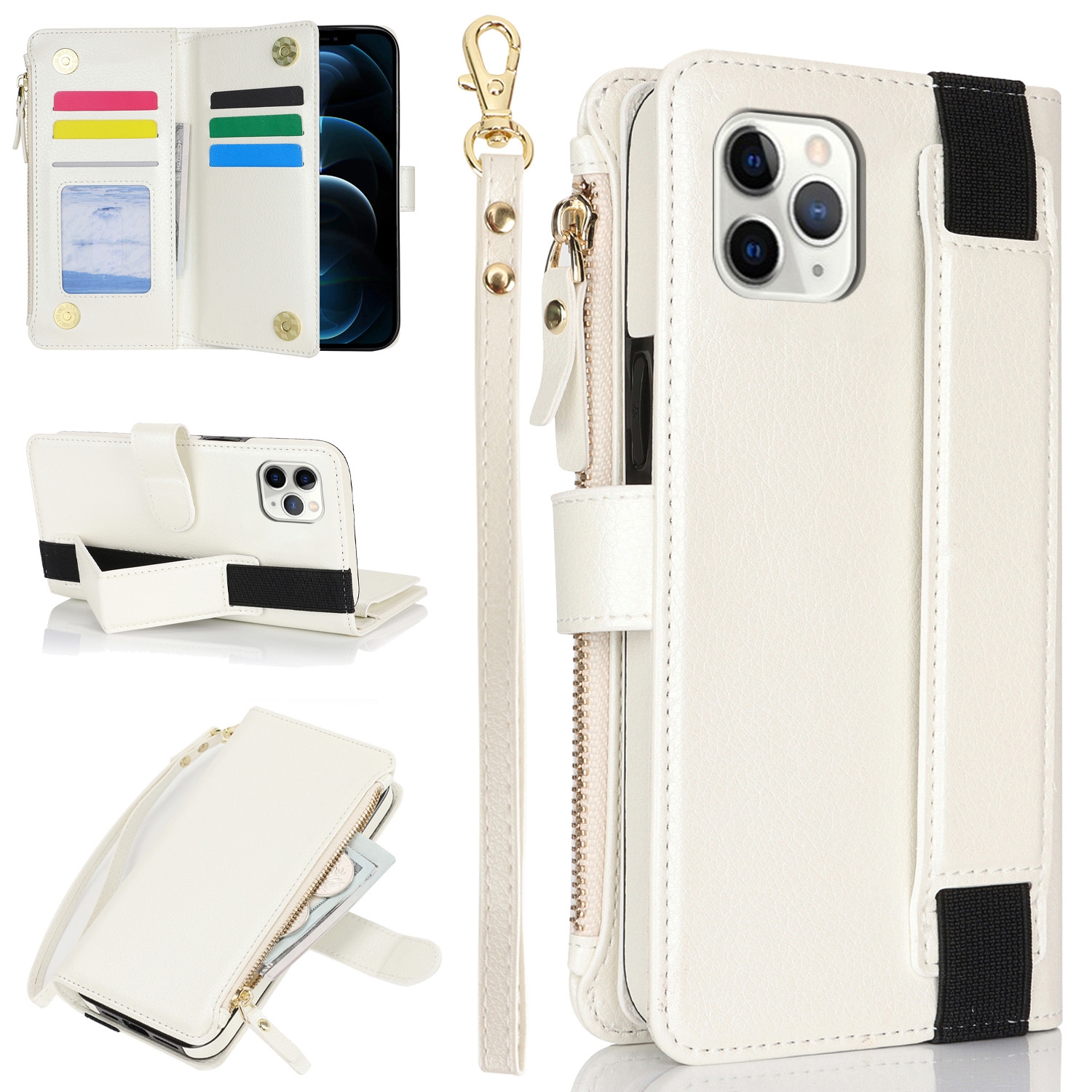 For iPhone 11 Pro Max Wristband Holder Zipper Purse RFID Leather Phone Case(White) - Shopkiz.com