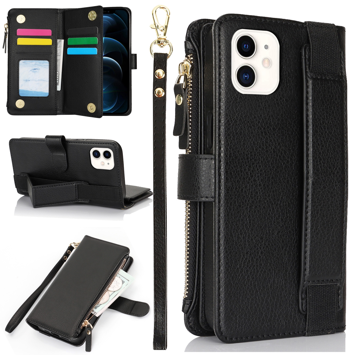 For iPhone 12 mini Wristband Holder Zipper Purse RFID Leather Phone Case(Black) - Shopkiz.com
