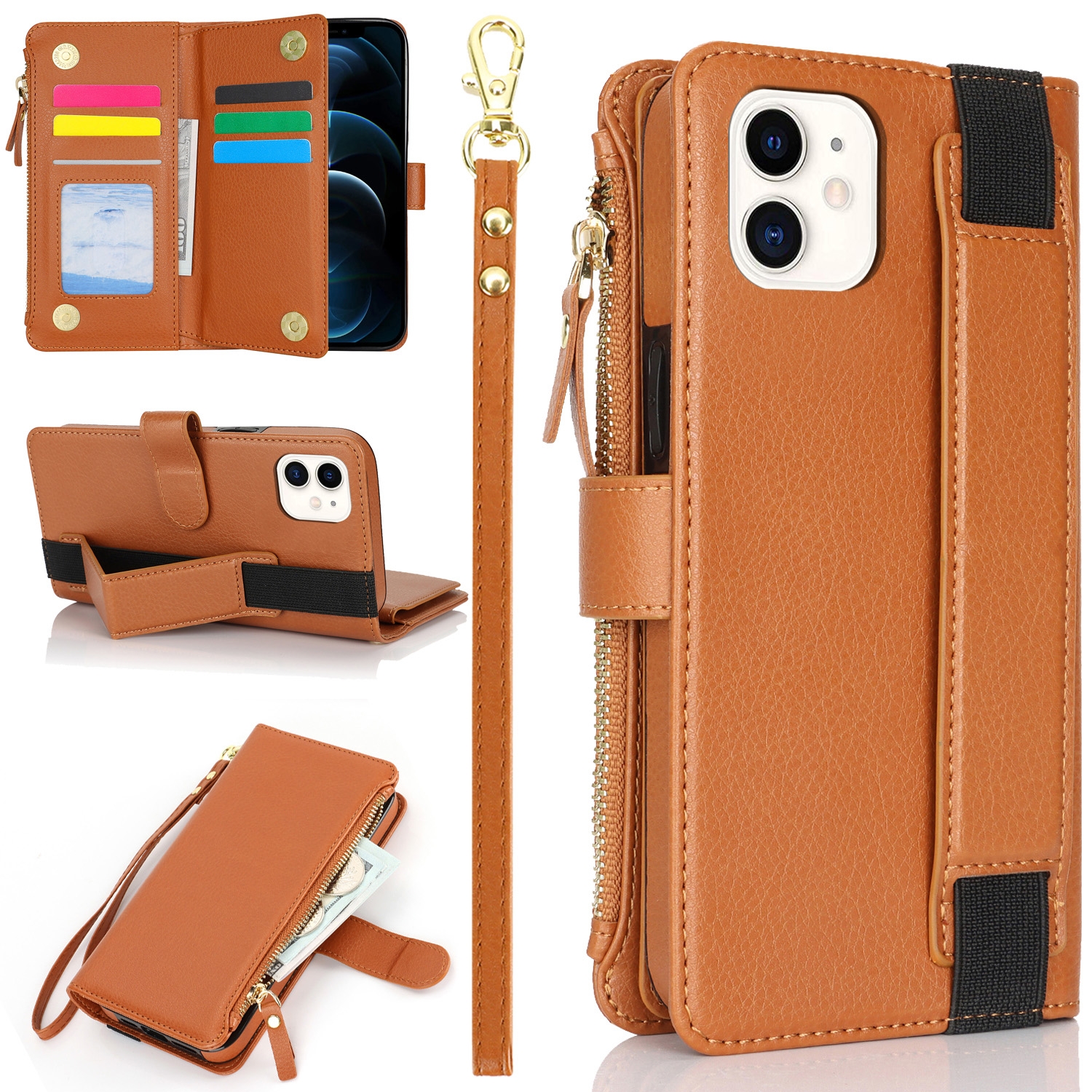 For iPhone 12 mini Wristband Holder Zipper Purse RFID Leather Phone Case(Brown) - Shopkiz.com