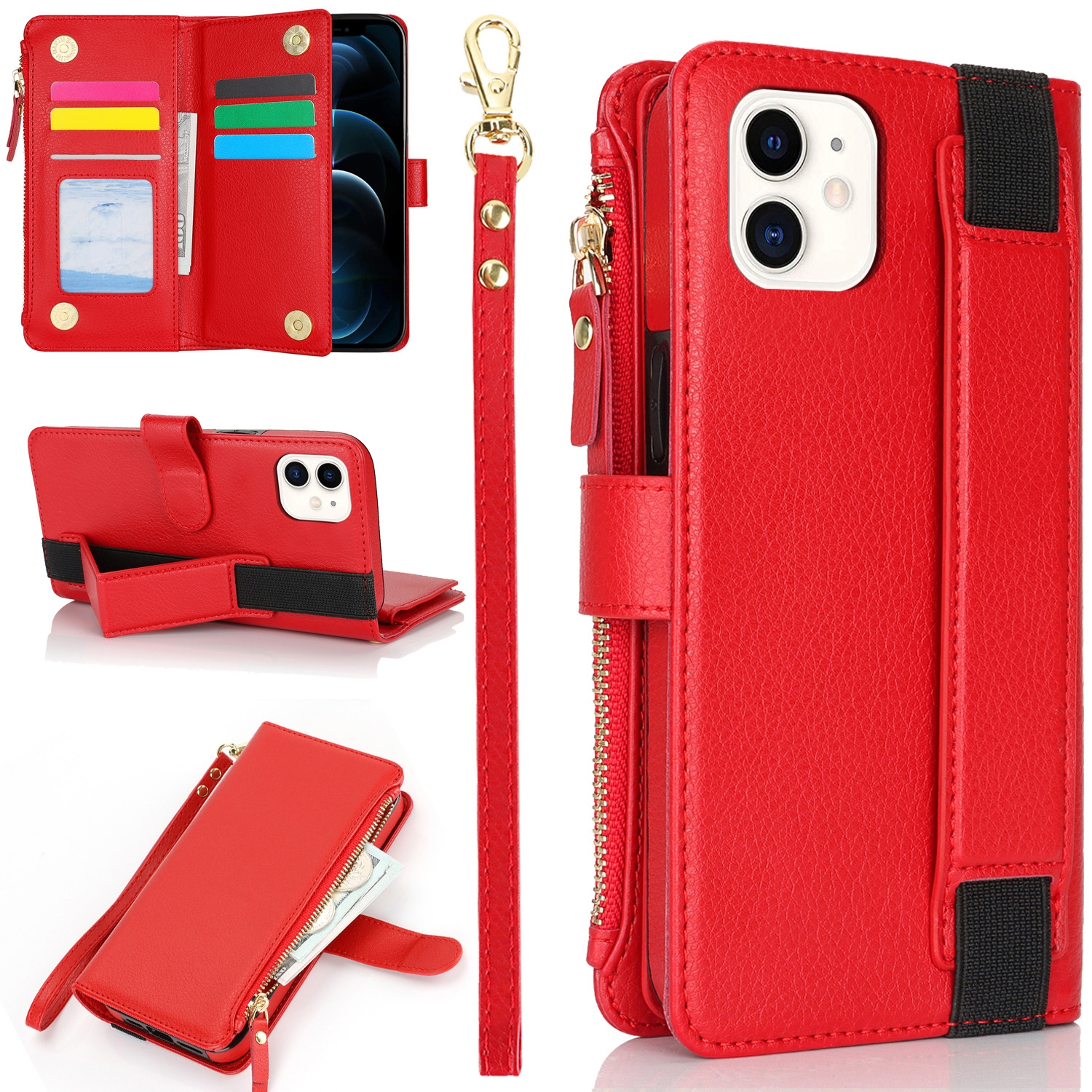 For iPhone 12 mini Wristband Holder Zipper Purse RFID Leather Phone Case(Red) - Shopkiz.com