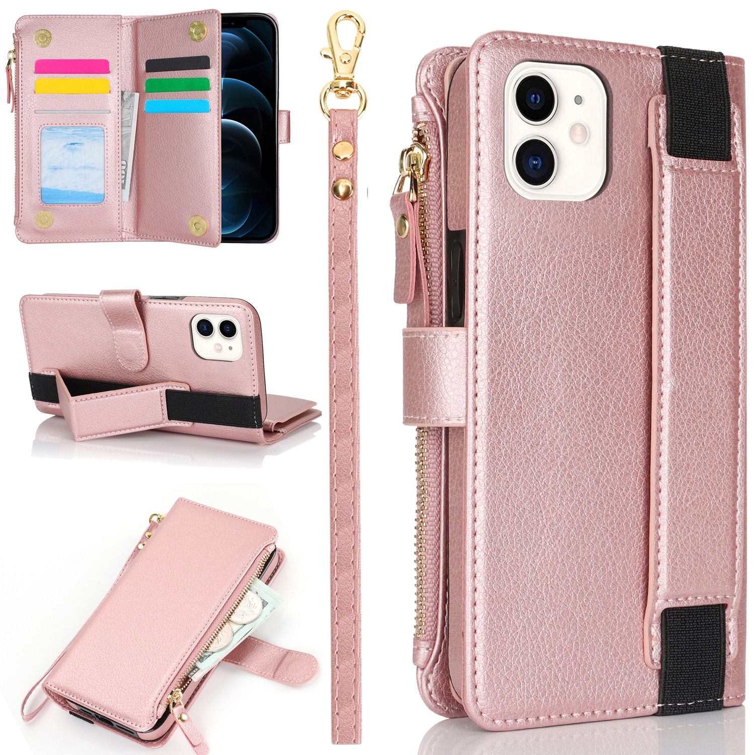 For iPhone 12 mini Wristband Holder Zipper Purse RFID Leather Phone Case(Rose Gold) - Shopkiz.com