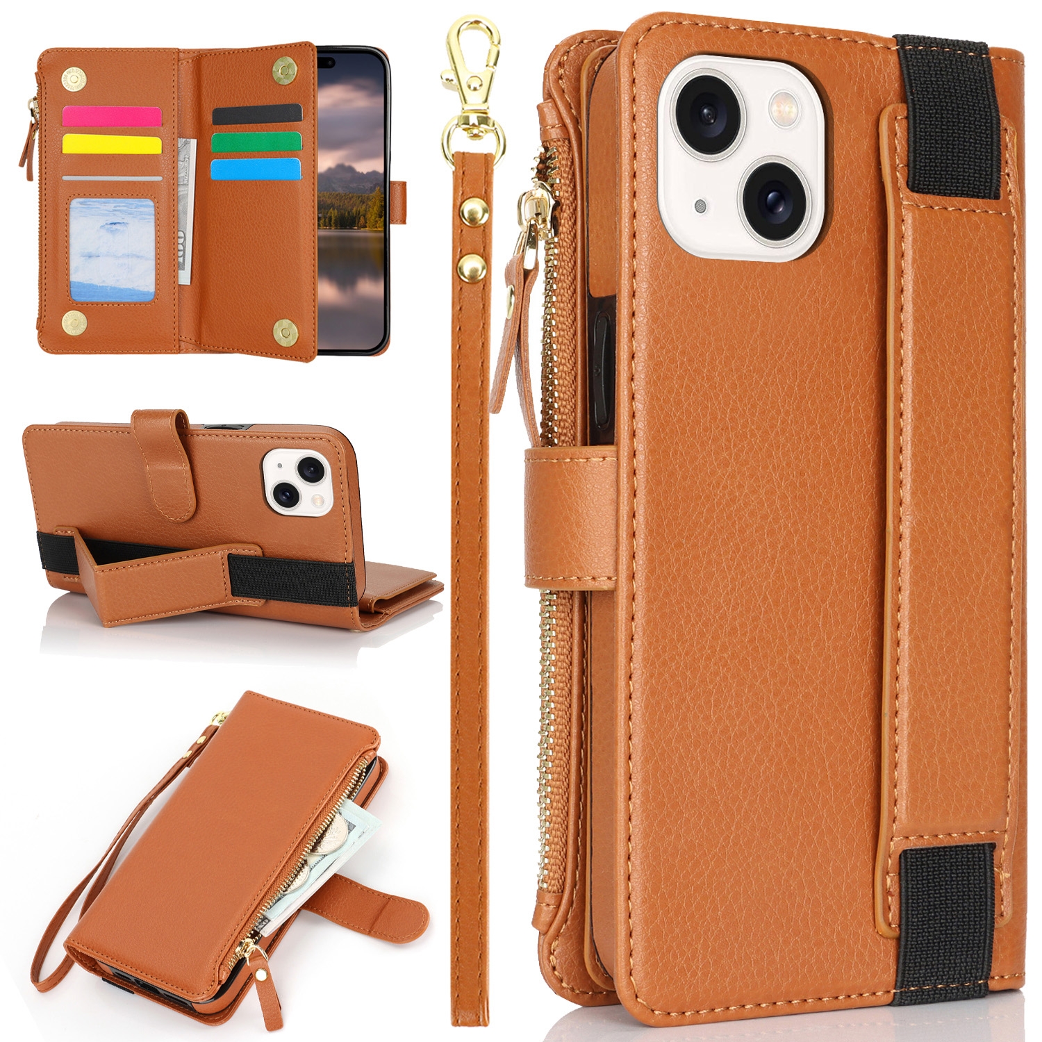 For iPhone 14 / 13 Wristband Holder Zipper Purse RFID Leather Phone Case(Brown) - Shopkiz.com