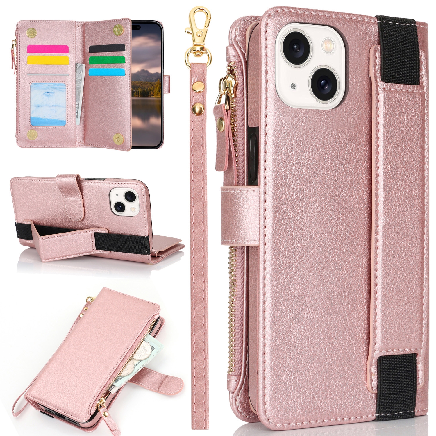 For iPhone 14 / 13 Wristband Holder Zipper Purse RFID Leather Phone Case(Rose Gold) - Shopkiz.com