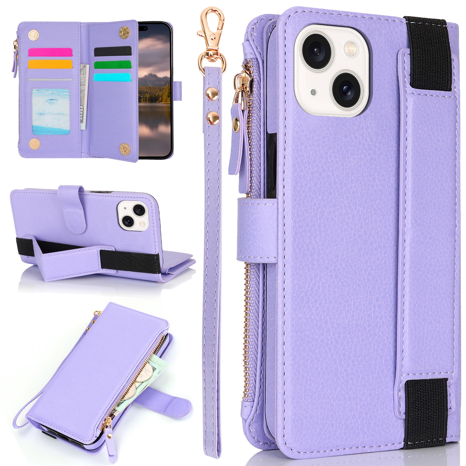 For iPhone 14 / 13 Wristband Holder Zipper Purse RFID Leather Phone Case(Purple) - Shopkiz.com