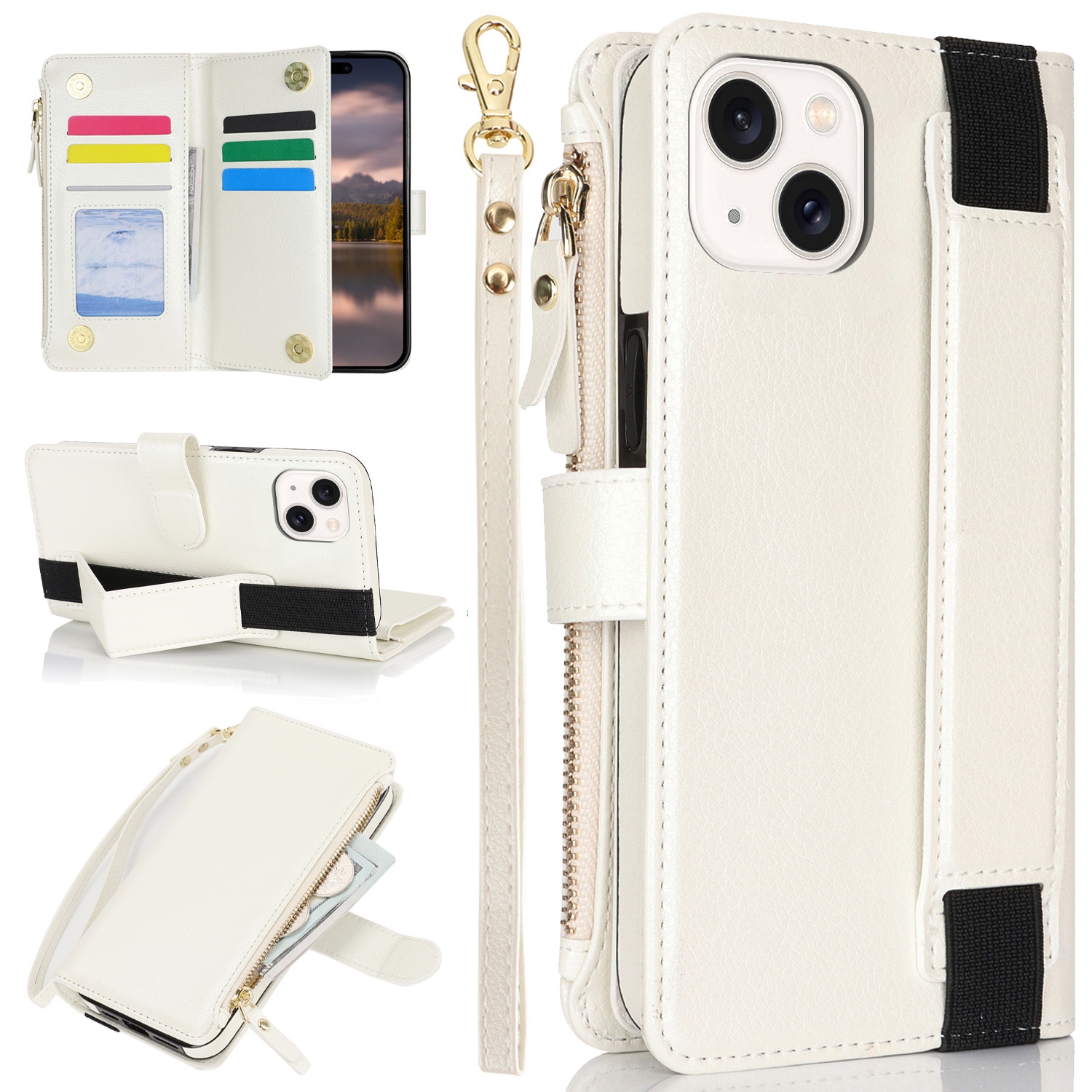For iPhone 14 / 13 Wristband Holder Zipper Purse RFID Leather Phone Case(White) - Shopkiz.com