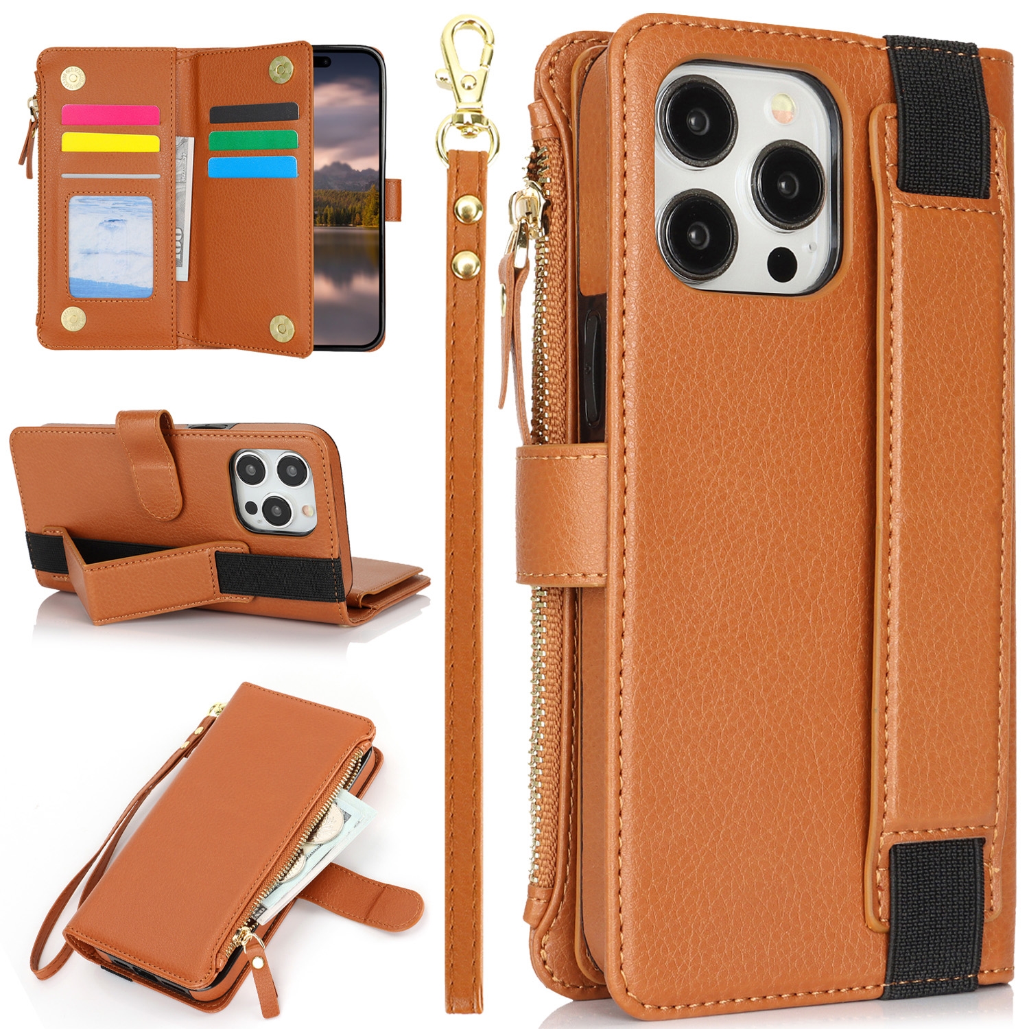 For iPhone 13 Pro Wristband Holder Zipper Purse RFID Leather Phone Case(Brown) - Shopkiz.com