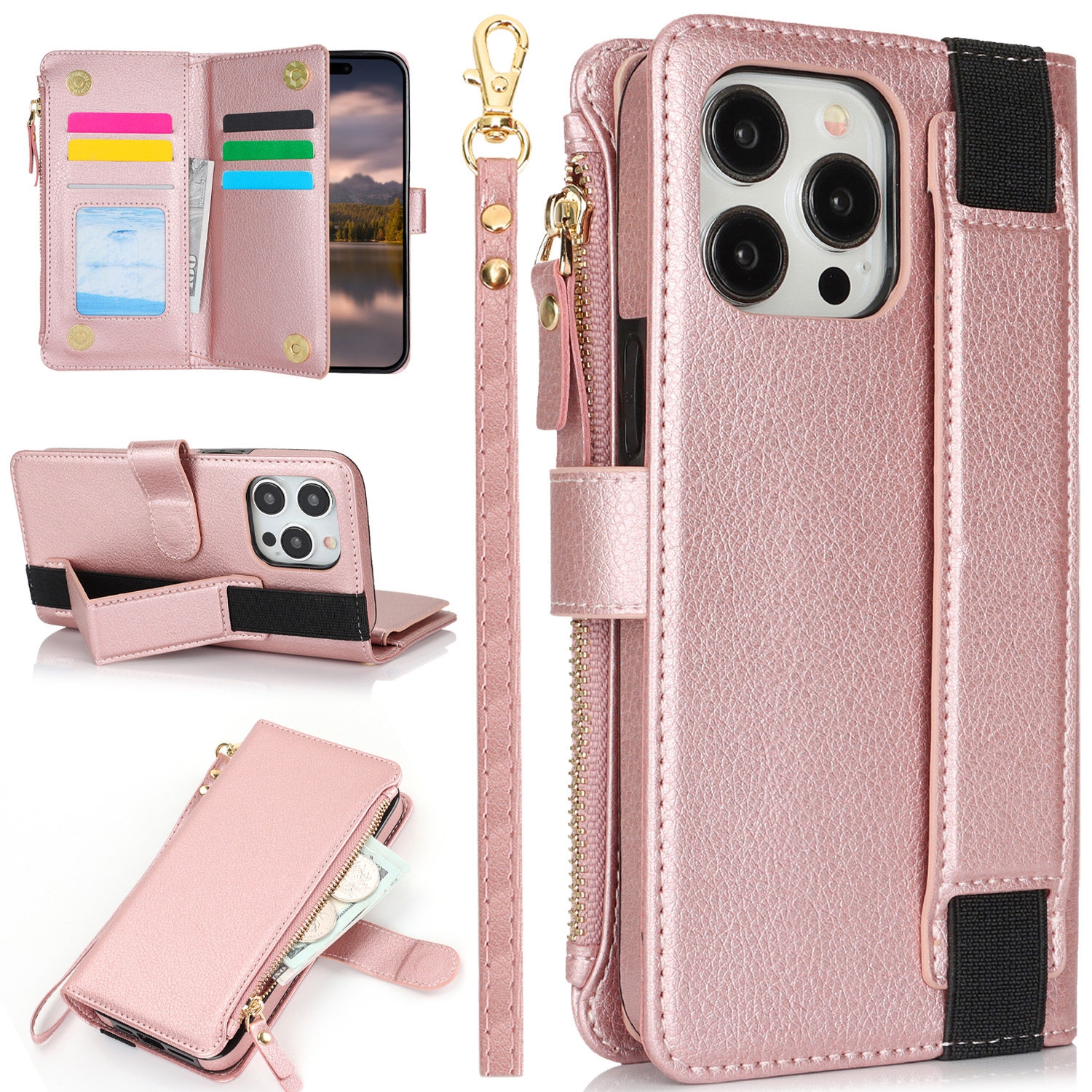 For iPhone 13 Pro Wristband Holder Zipper Purse RFID Leather Phone Case(Rose Gold) - Shopkiz.com