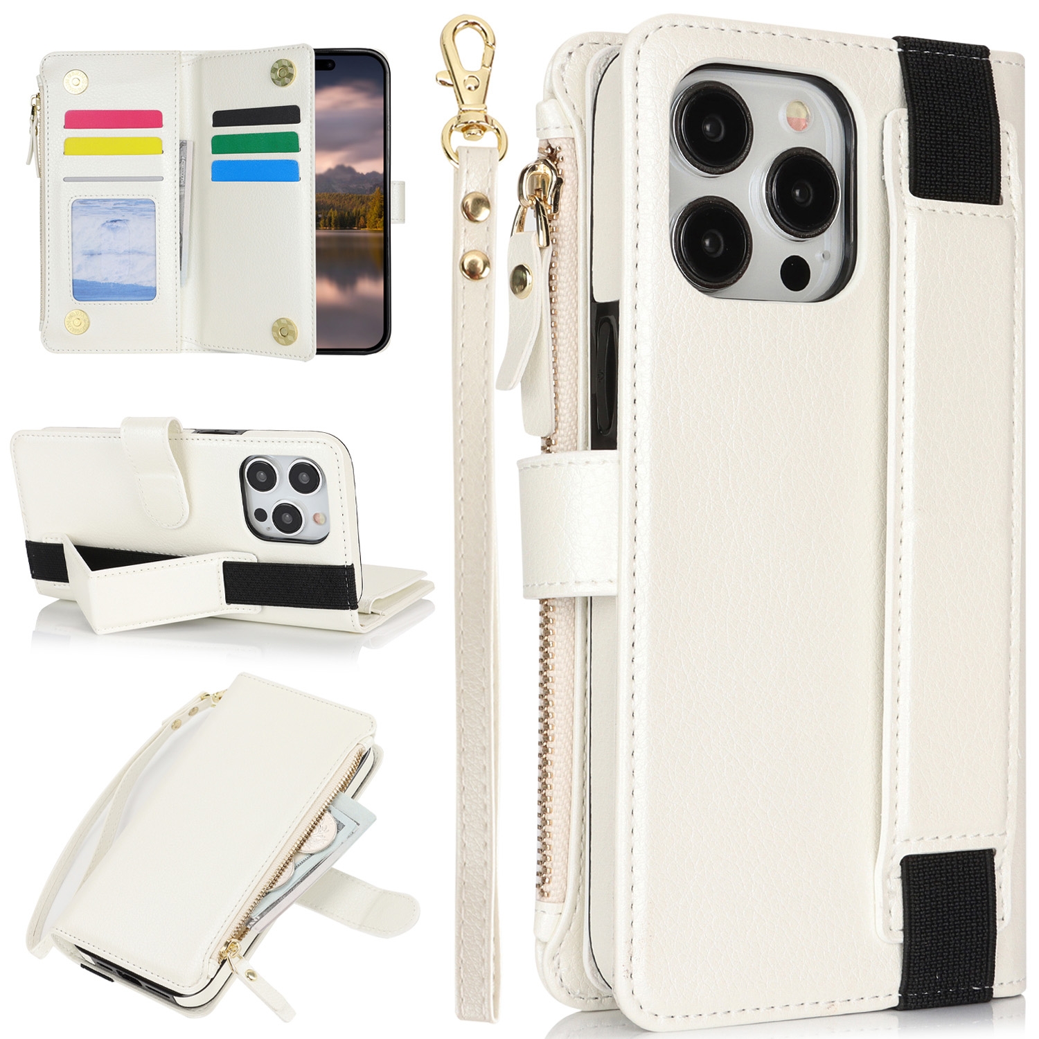 For iPhone 13 Pro Wristband Holder Zipper Purse RFID Leather Phone Case(White) - Shopkiz.com