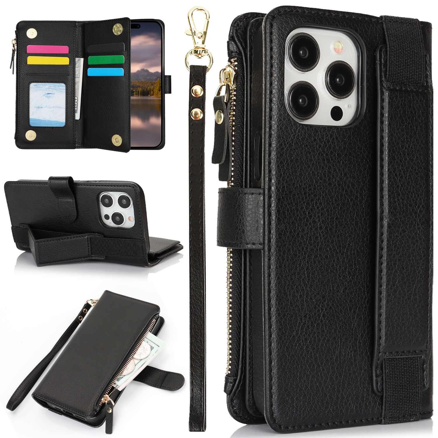 For iPhone 14 Pro Wristband Holder Zipper Purse RFID Leather Phone Case(Black) - Shopkiz.com