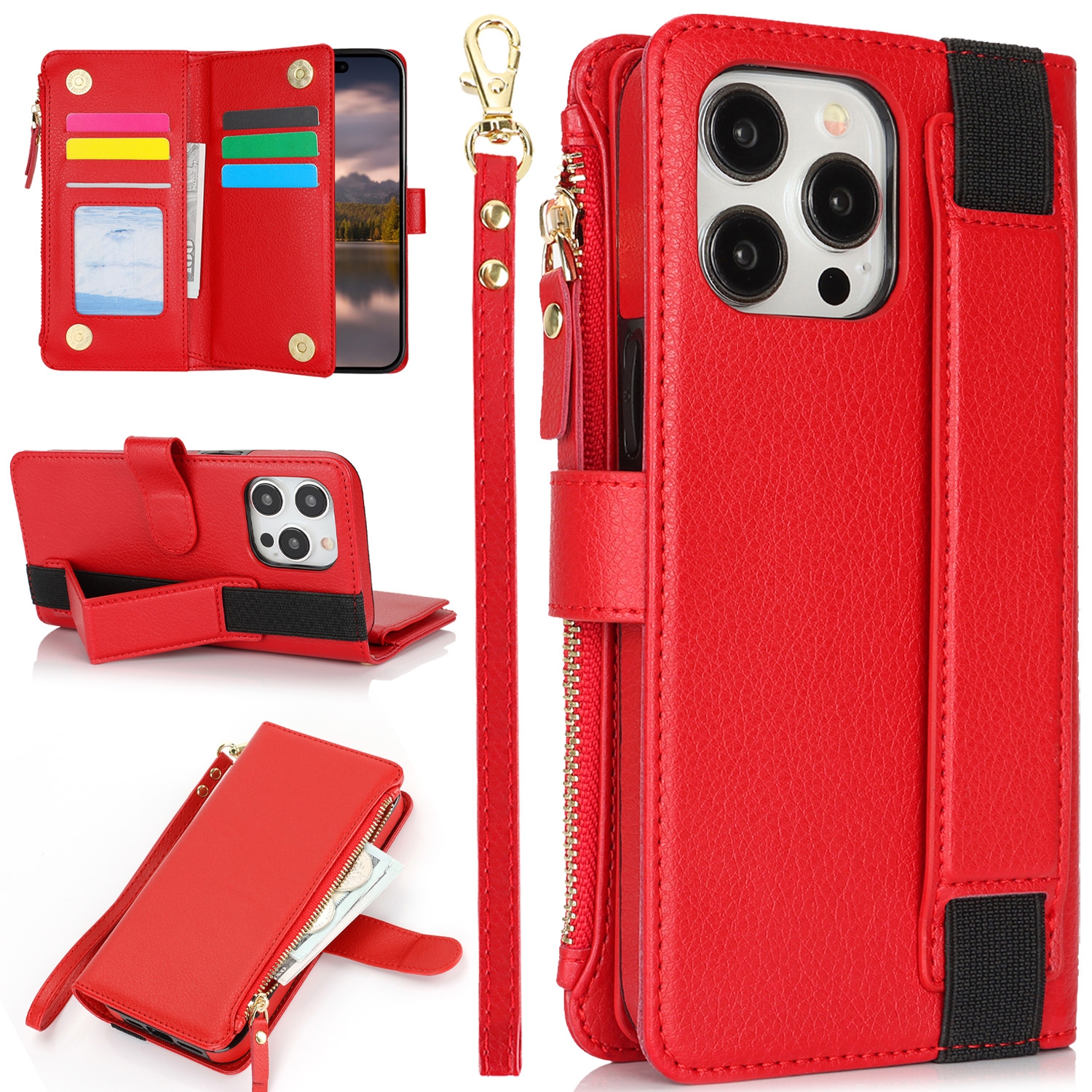 For iPhone 14 Pro Wristband Holder Zipper Purse RFID Leather Phone Case(Red) - Shopkiz.com