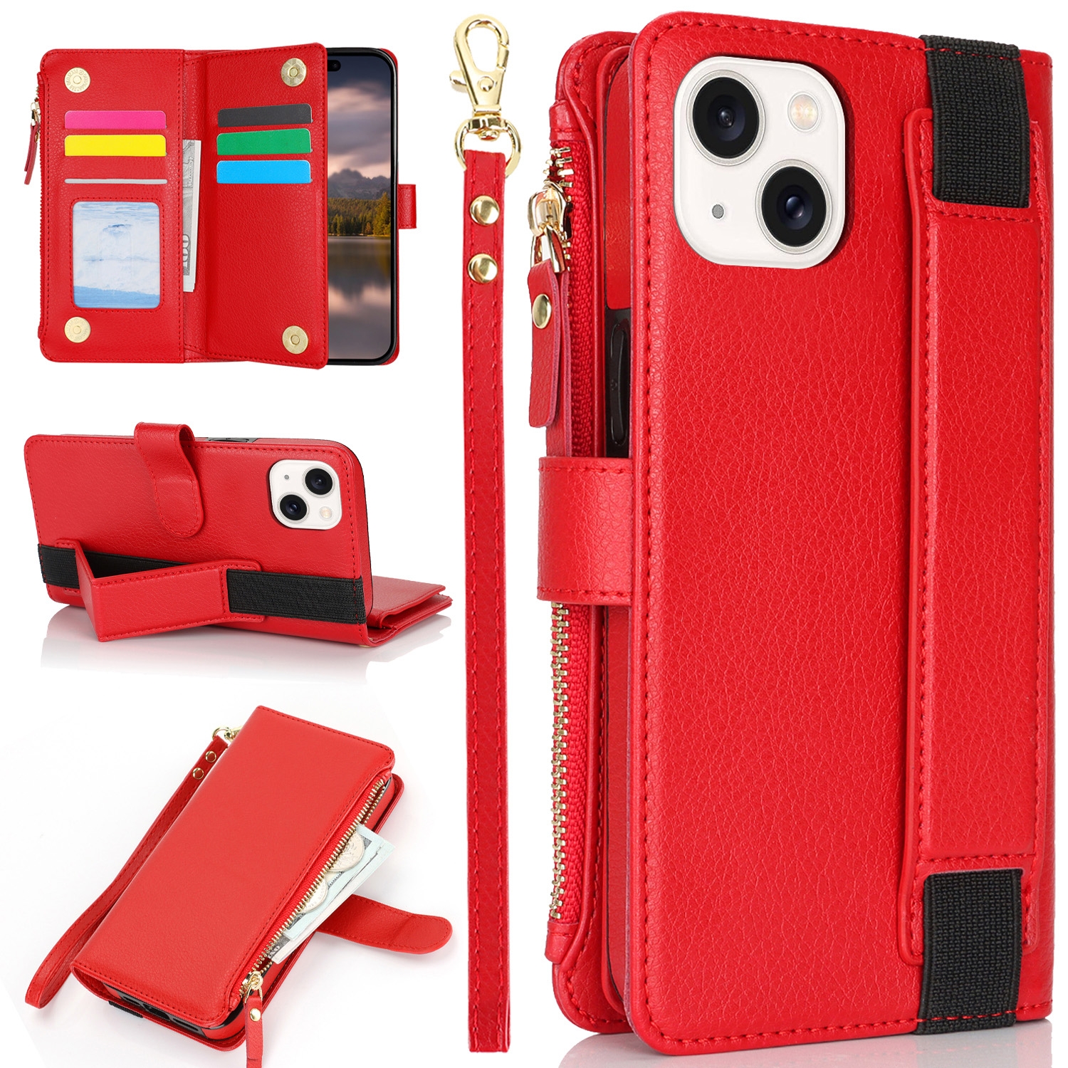 For iPhone 15 Wristband Holder Zipper Purse RFID Leather Phone Case(Red) - Shopkiz.com
