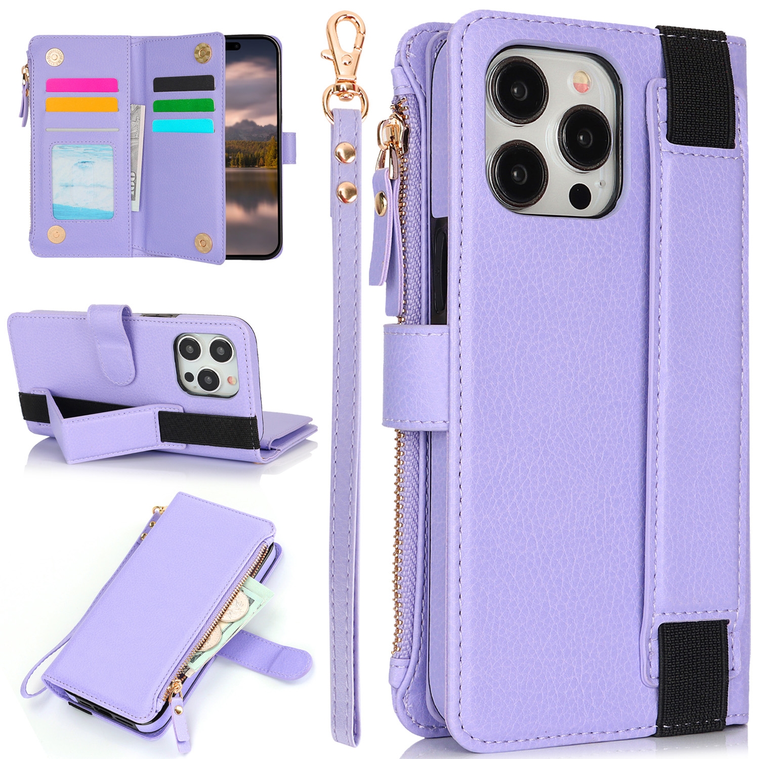 For iPhone 15 Pro Wristband Holder Zipper Purse RFID Leather Phone Case(Purple) - Shopkiz.com