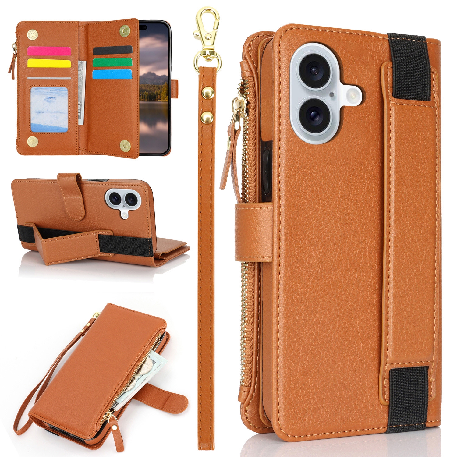 For iPhone 16 Plus Wristband Holder Zipper Purse RFID Leather Phone Case(Brown) - Shopkiz.com