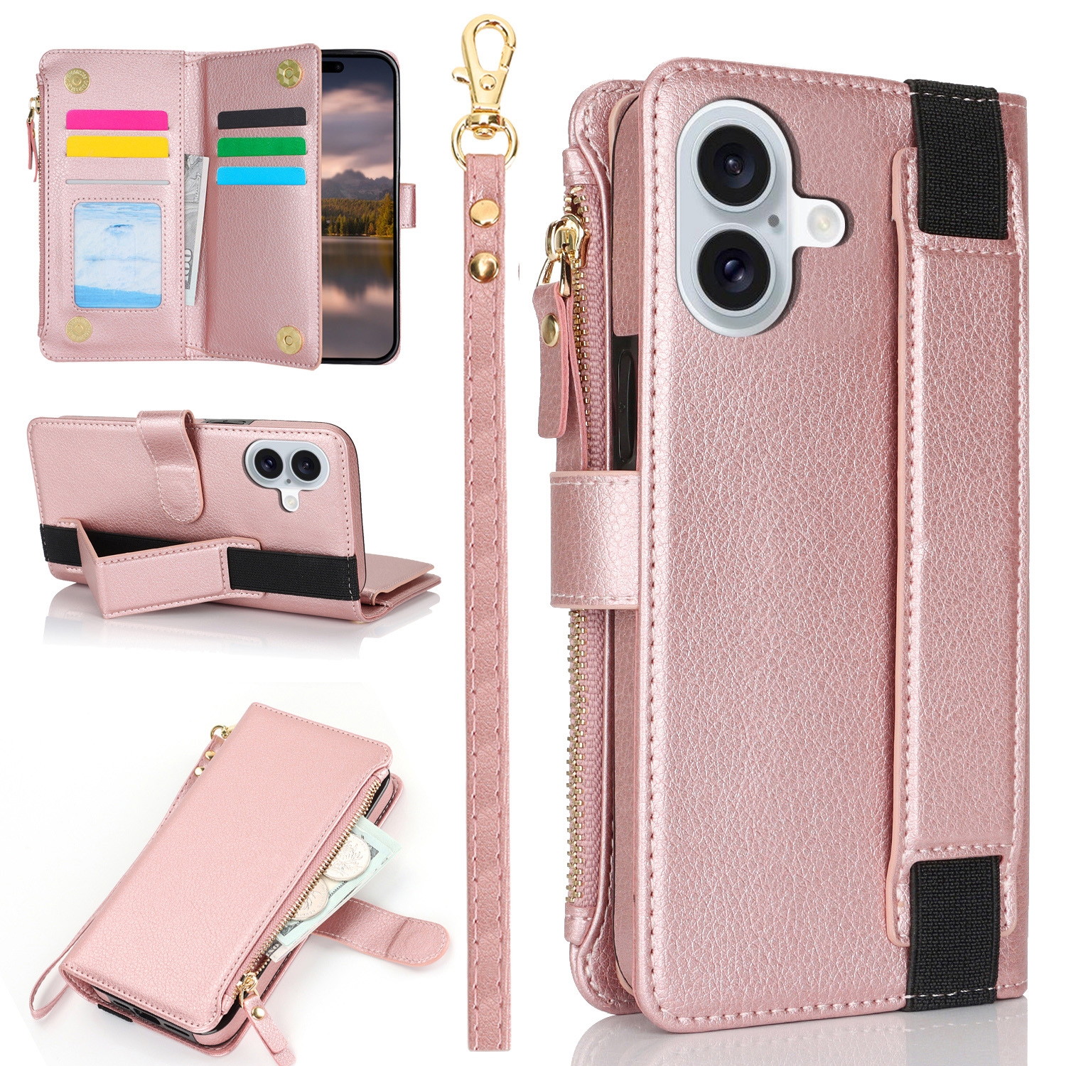 For iPhone 16 Plus Wristband Holder Zipper Purse RFID Leather Phone Case(Rose Gold) - Shopkiz.com