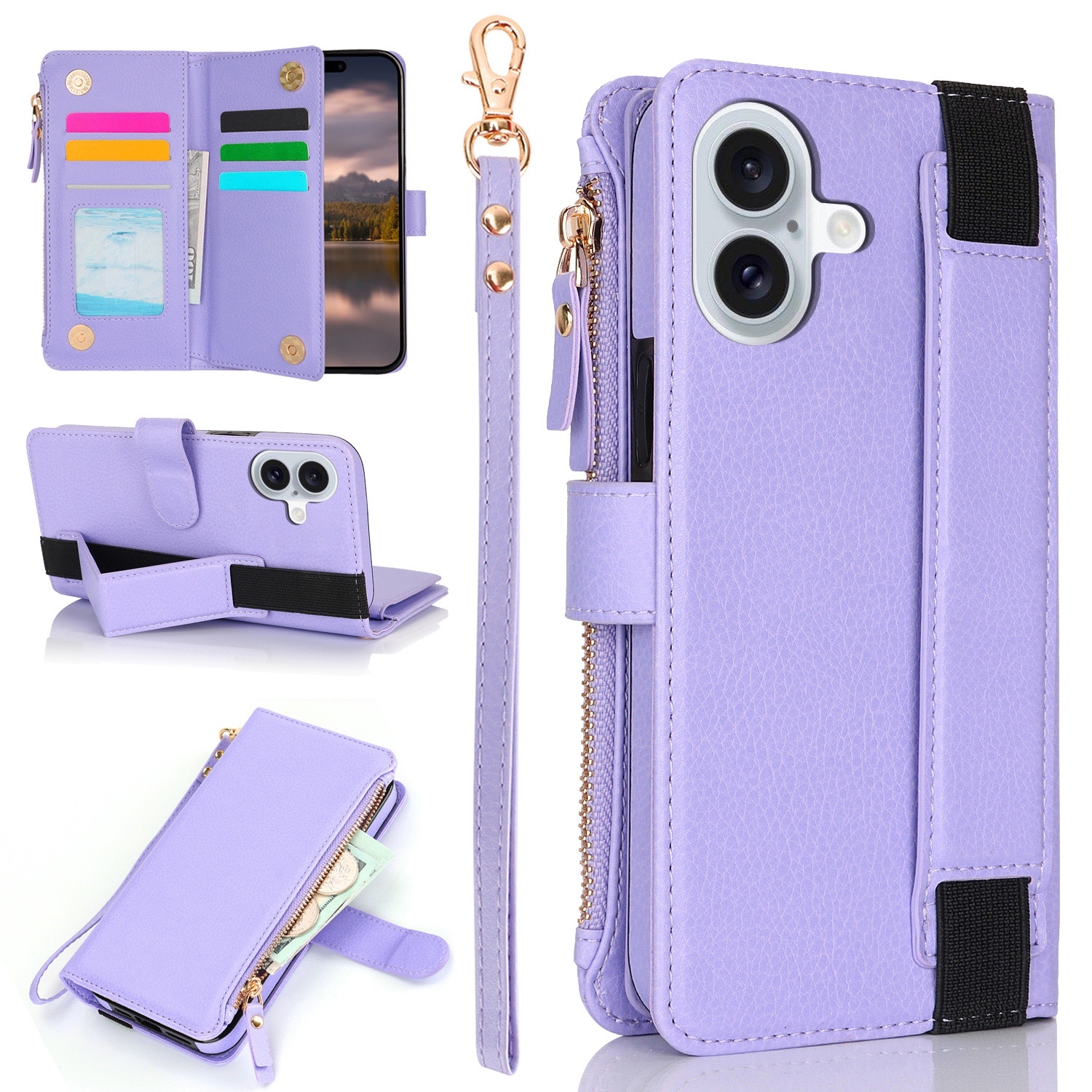 For iPhone 16 Plus Wristband Holder Zipper Purse RFID Leather Phone Case(Purple) - Shopkiz.com