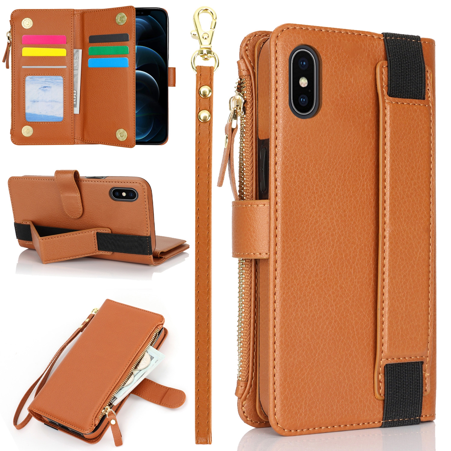 For iPhone XS Max Wristband Holder Zipper Purse RFID Leather Phone Case(Brown) - Shopkiz.com