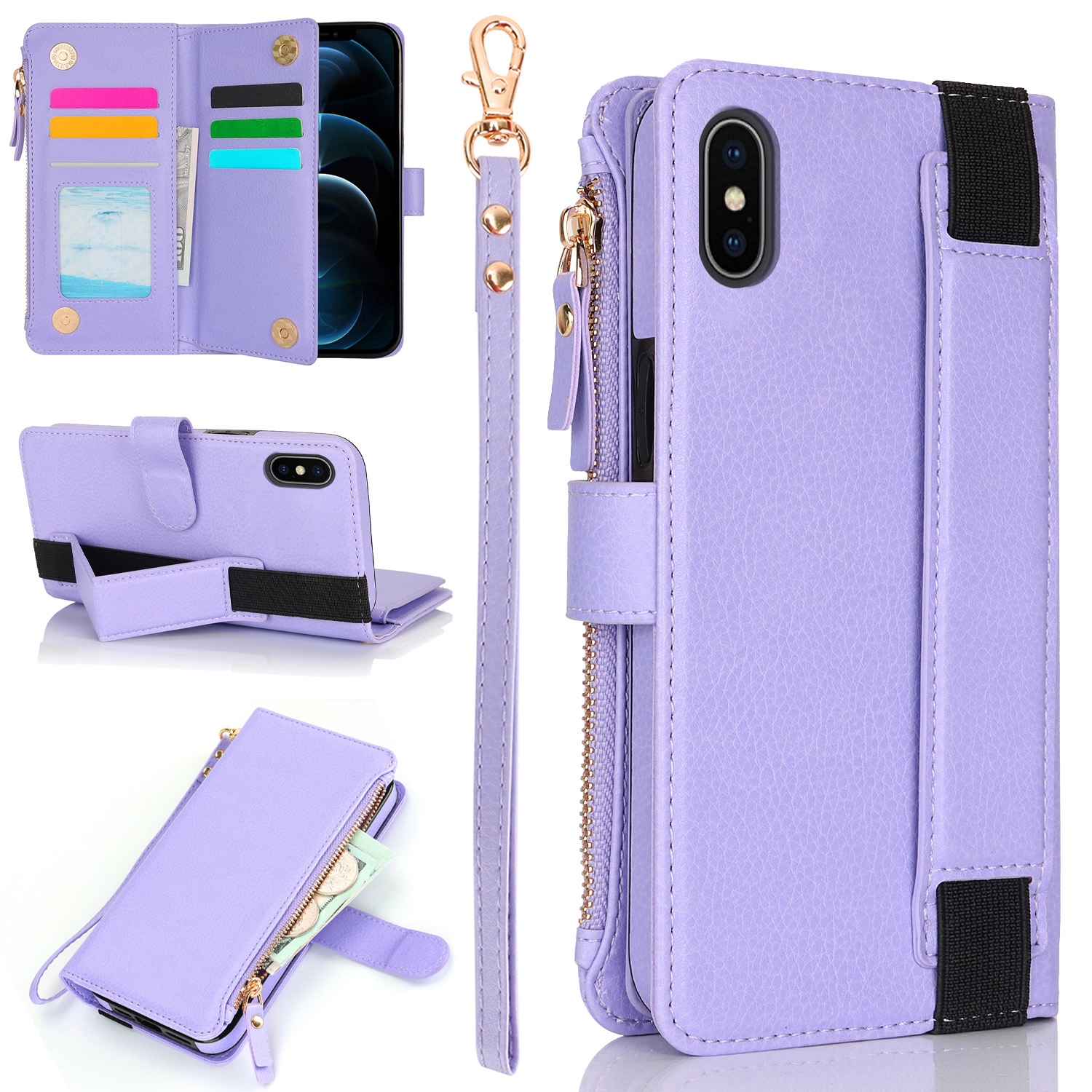For iPhone XS Max Wristband Holder Zipper Purse RFID Leather Phone Case(Purple) - Shopkiz.com