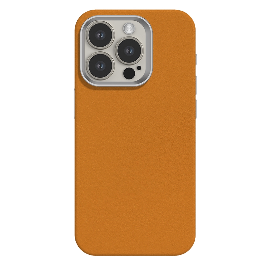 For iPhone 15 Pro Skin Feel Fine Leather Texture Metal Lens Frame MagSafe Phone Case(Ginger) - Shopkiz.com