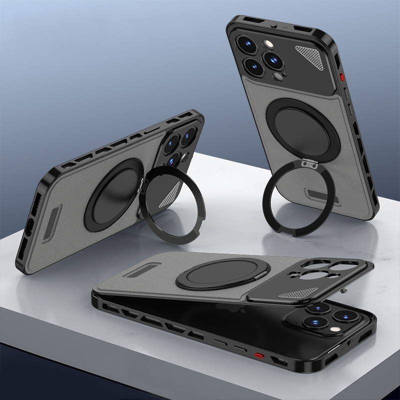 For iPhone 15 Pro Metal Snap Buckle 360 Degree Rotating MagSafe Magnetic Holder Phone Case(Dark Grey Black) - Shopkiz.com